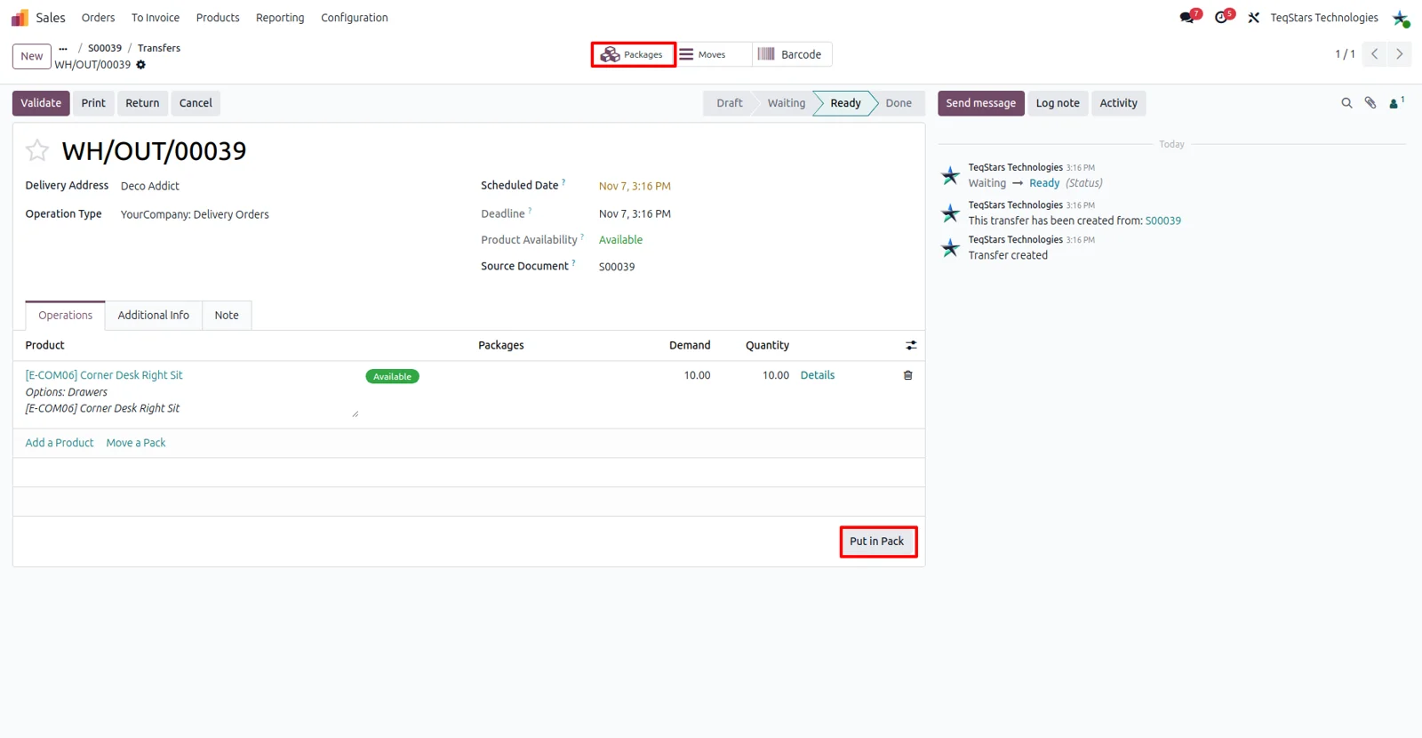 Multiple packages created with Put in Pack on an Odoo delivery order for GLS Ireland