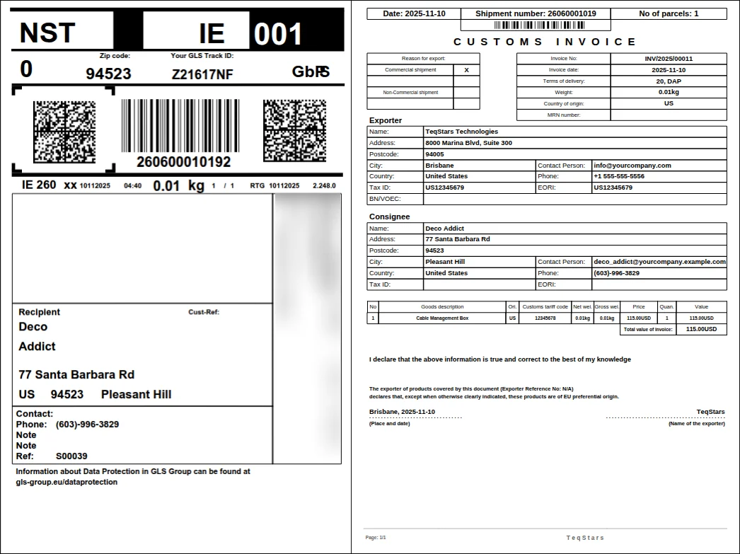 A GLS Ireland shipping label and commercial invoice generated from an Odoo delivery order