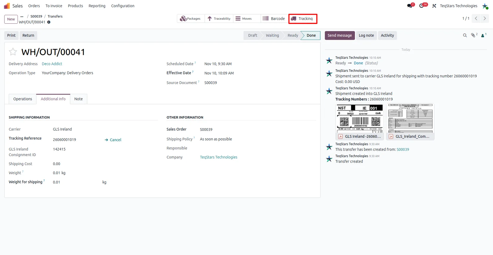 Tracking a GLS Ireland parcel from its Odoo delivery order to see current status