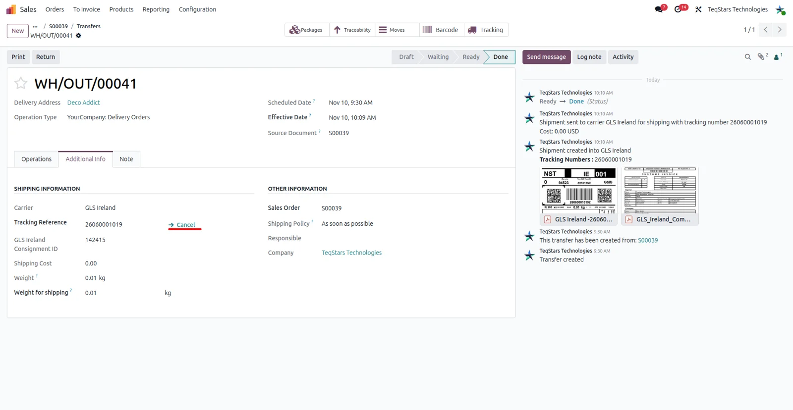 Cancel shipment button on an Odoo delivery order that cancels the GLS Ireland booking