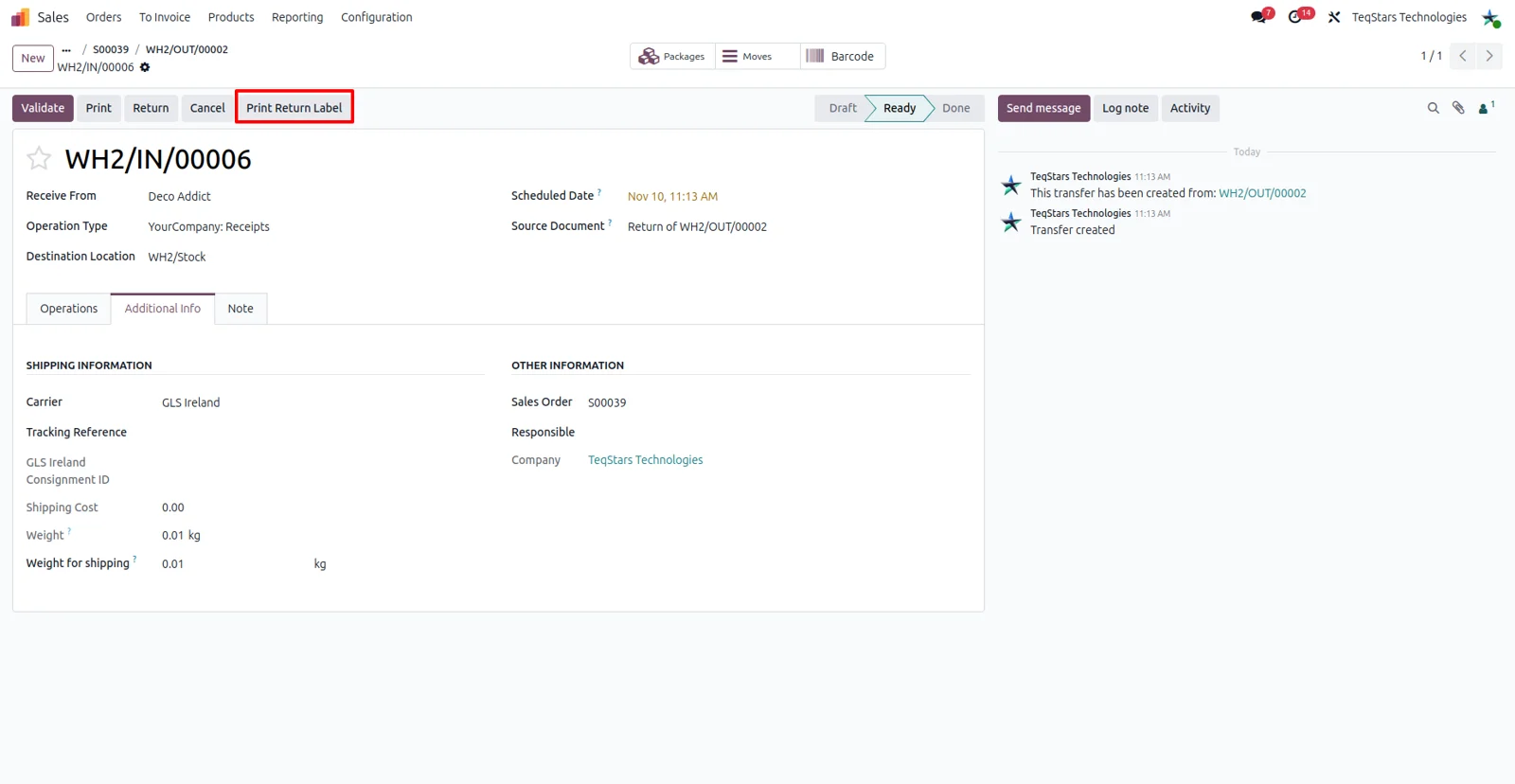 The Print Return Label button in Odoo creating a GLS Ireland return shipment