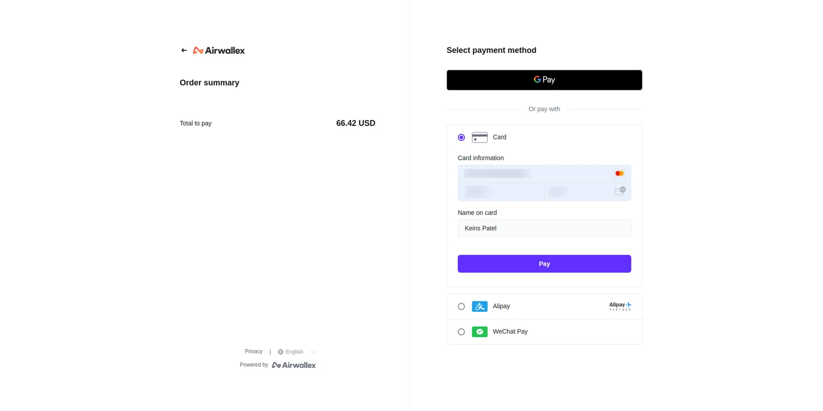 Airwallex hosted payment page opened from an Odoo checkout, listing card and wallet options