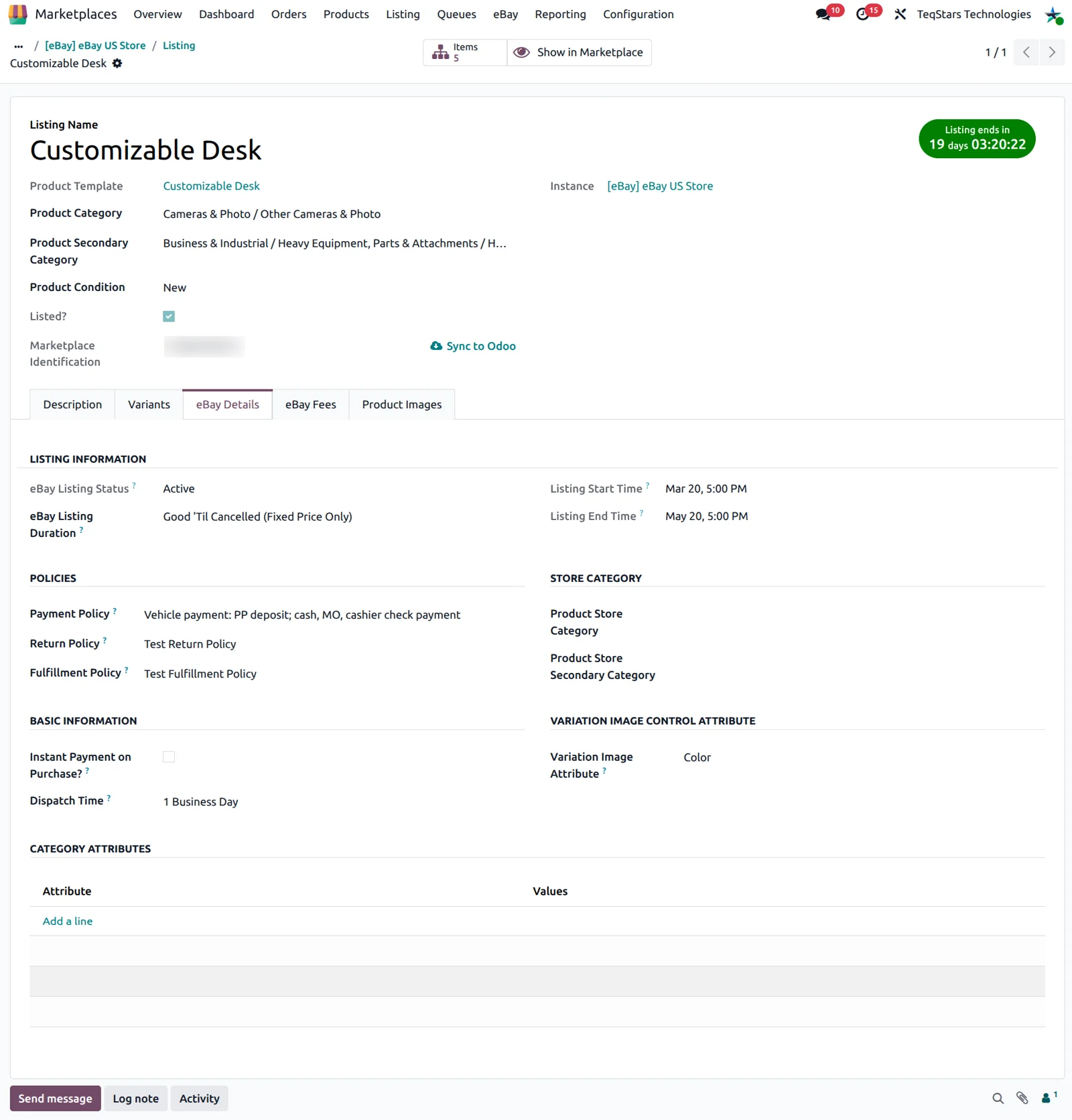 Odoo listing form with eBay category, condition, policies and item specifics for an eBay Connector listing
