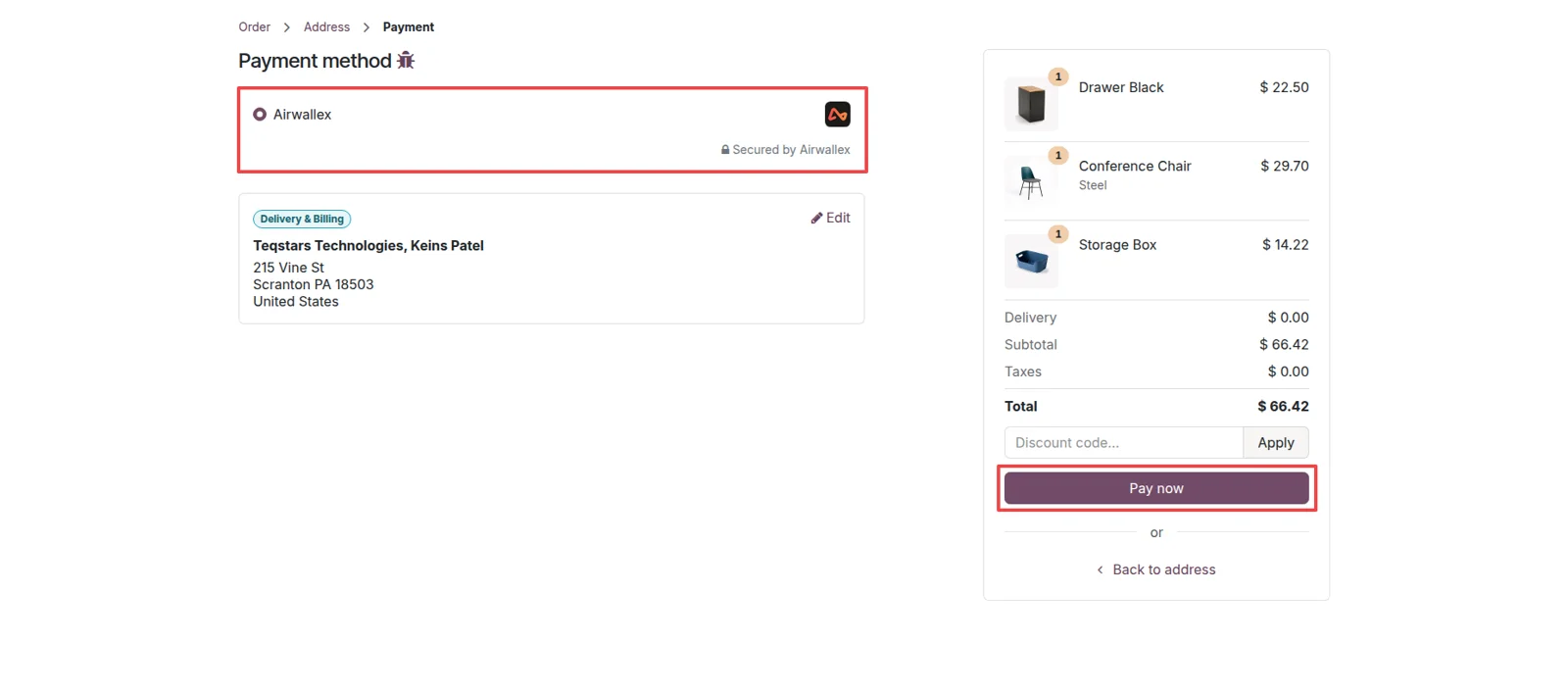 Odoo payment screen with Airwallex selected among the available payment options
