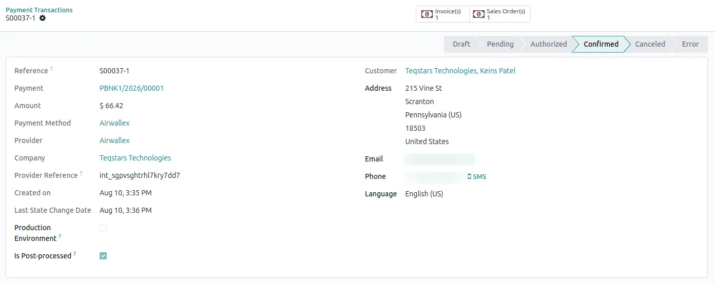 Odoo payment transaction in the Done state after Airwallex confirmed the payment