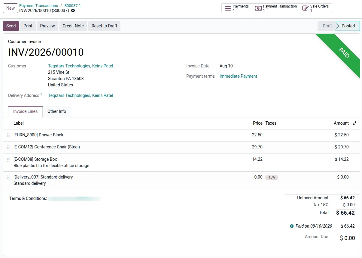 Odoo customer invoice marked paid after the Airwallex payment was reconciled