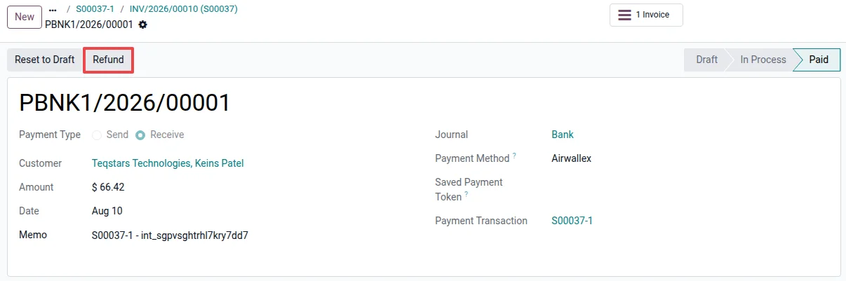Refund action on an Airwallex payment in Odoo, with full and partial amounts