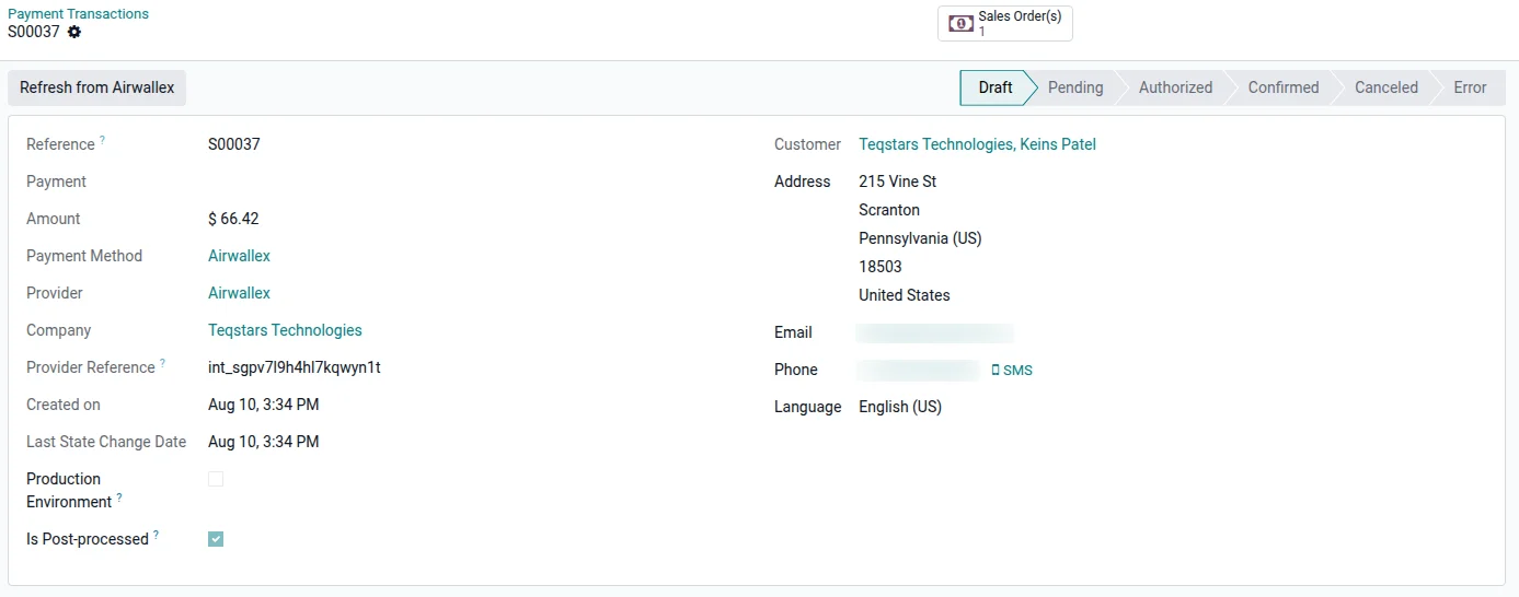 Refresh from Airwallex button on an Odoo transaction pulling the latest payment status