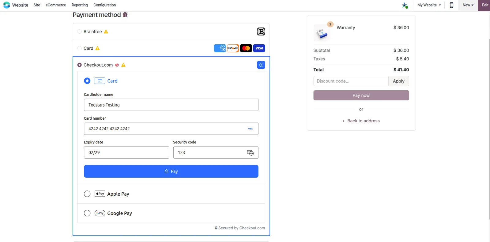 The Checkout.com Flow payment widget embedded on an Odoo website checkout page, with card and wallet options