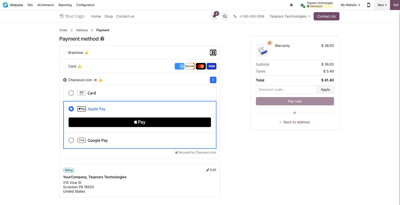 Apple Pay and Google Pay buttons shown inside the Checkout.com widget on an Odoo store page