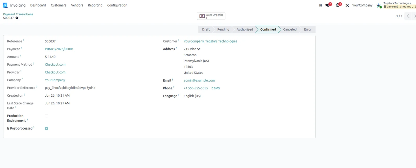 An Odoo payment transaction in Confirmed state showing the Checkout.com provider reference and amount