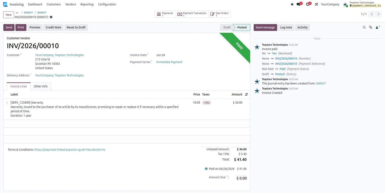 An Odoo customer invoice automatically reconciled and marked Paid after a Checkout.com payment