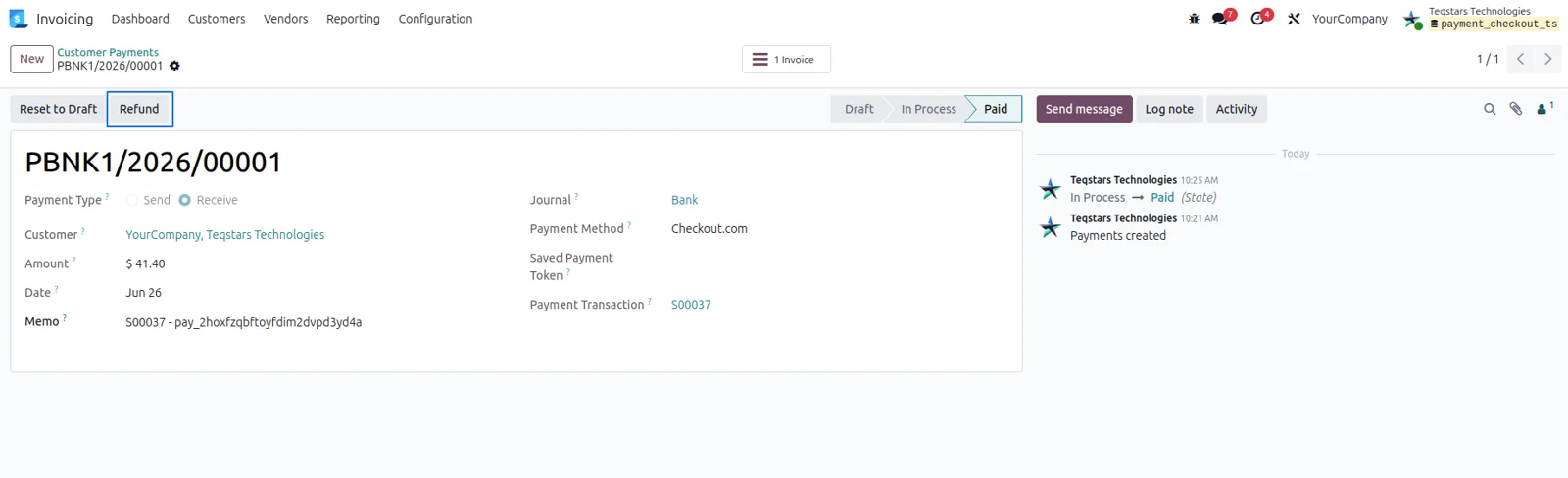 The Refund action on a customer payment in Odoo Invoicing, used to credit a Checkout.com charge