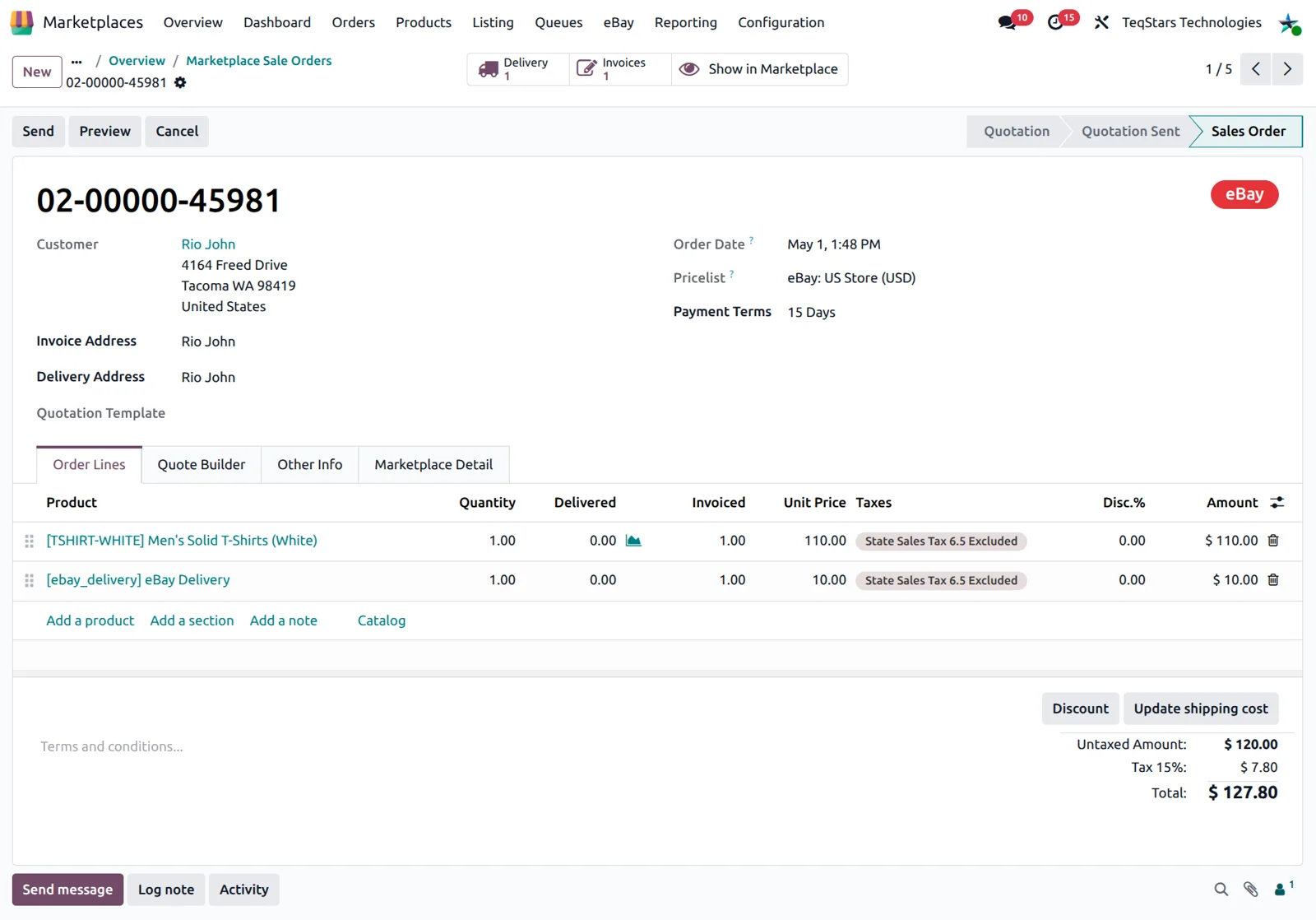 An eBay order imported into Odoo as a sales order with product lines, shipping cost and fees