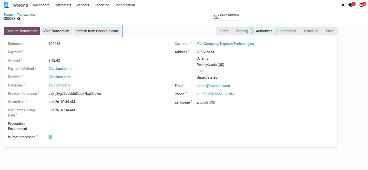 An authorized Checkout.com transaction in Odoo with Capture, Void and Refresh from Checkout.com buttons