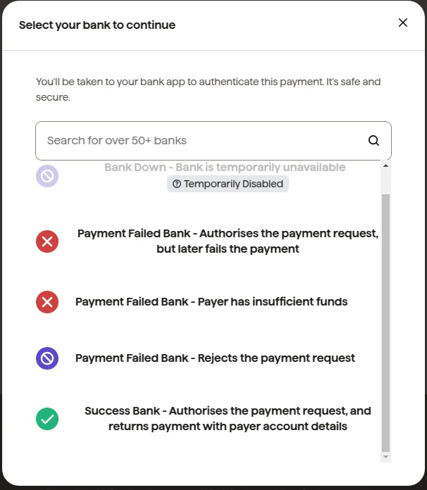 GoCardless drop-in popup over an Odoo checkout page where the customer selects their bank