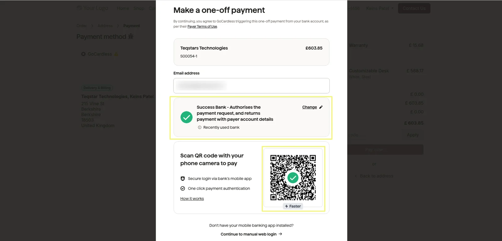 Customer confirming a GoCardless bank transfer in their bank after paying an Odoo order