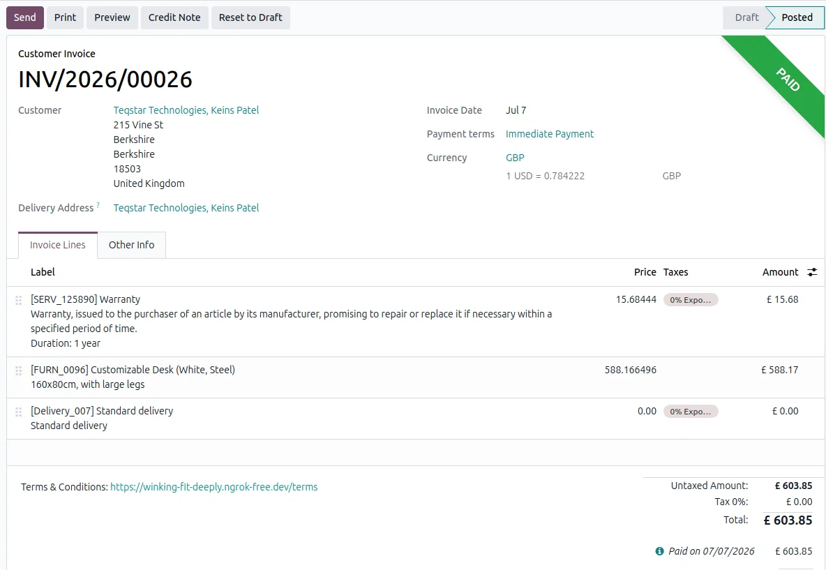 Odoo customer invoice marked paid after the GoCardless bank payment settled