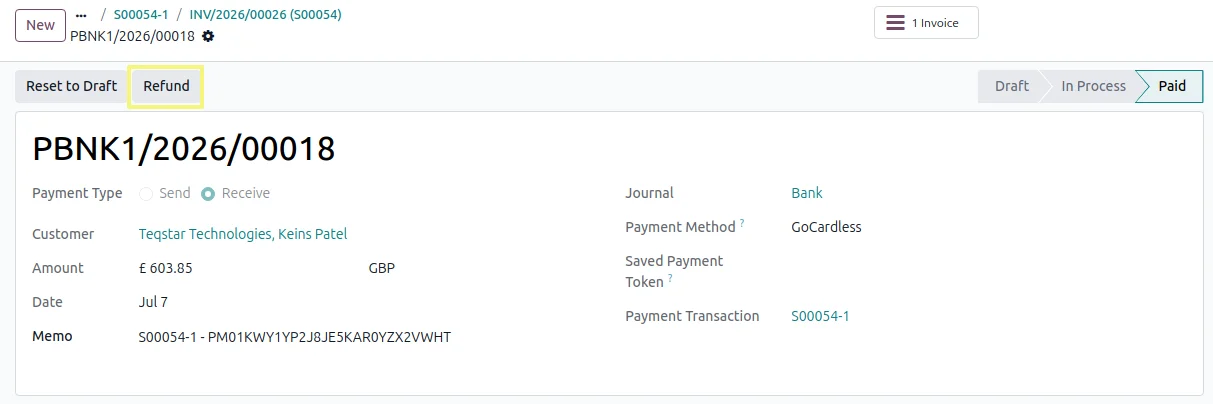 Refund action on an Odoo GoCardless transaction with full and partial amount choices