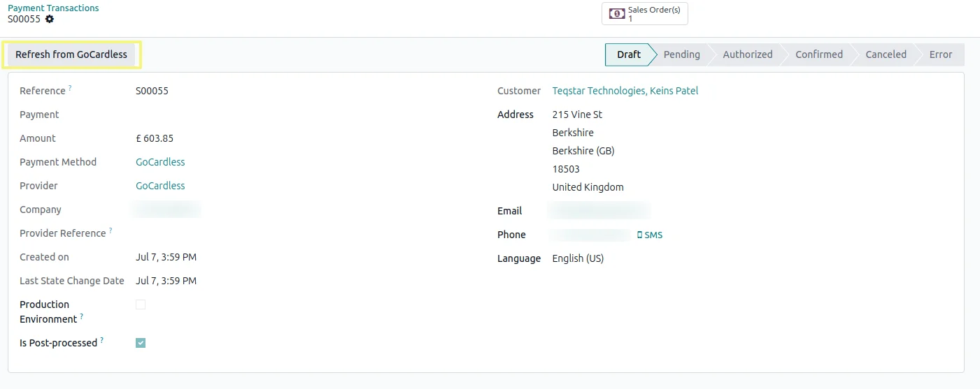 Refresh from GoCardless button on an Odoo payment transaction showing the latest status