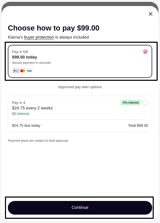 Klarna's payment page showing Pay Now, Pay Later and Pay Over Time for an order placed in Odoo