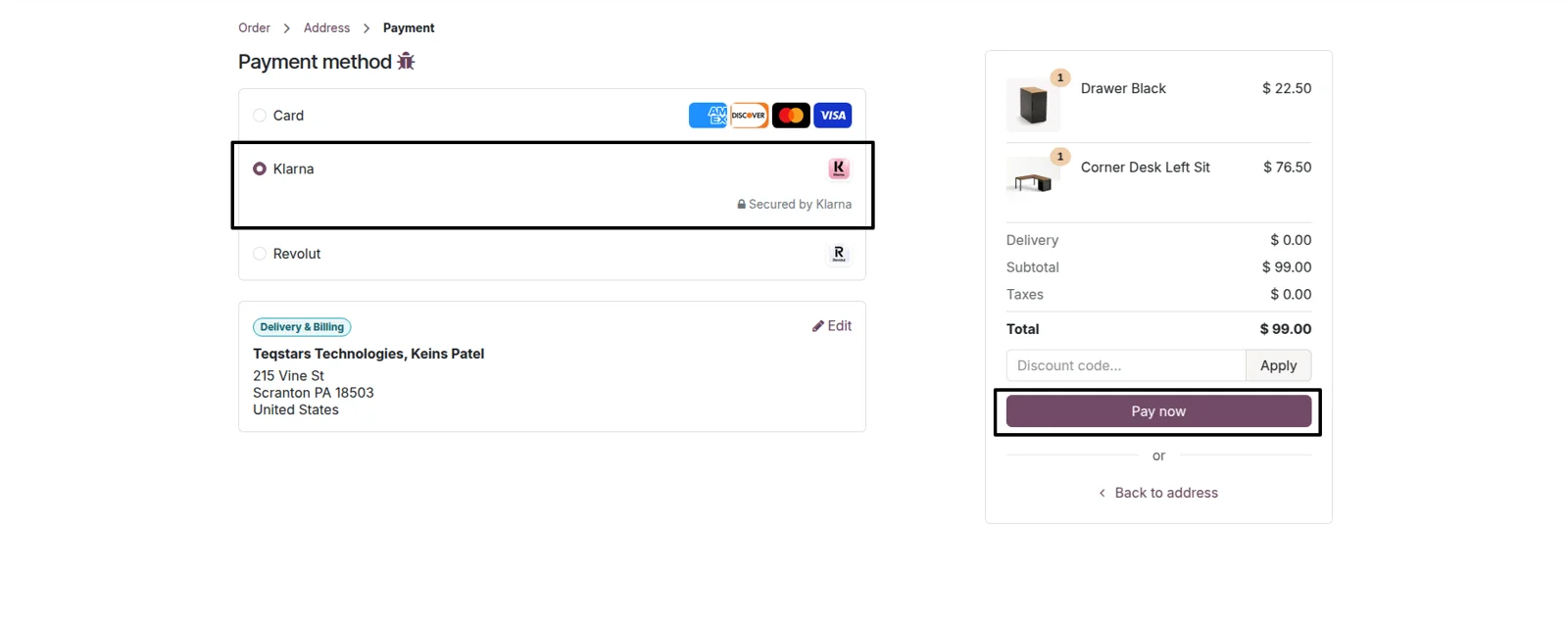 Odoo checkout payment screen with Klarna listed as one of the available payment options