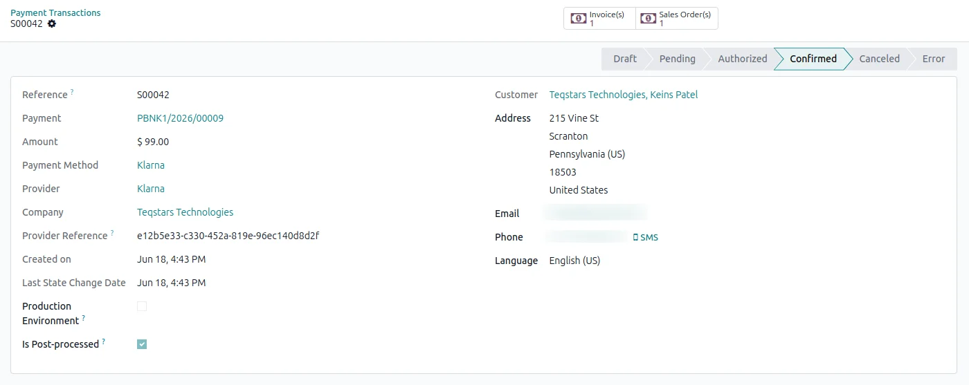 Odoo payment transaction for a Klarna order in the Done state after Klarna approval