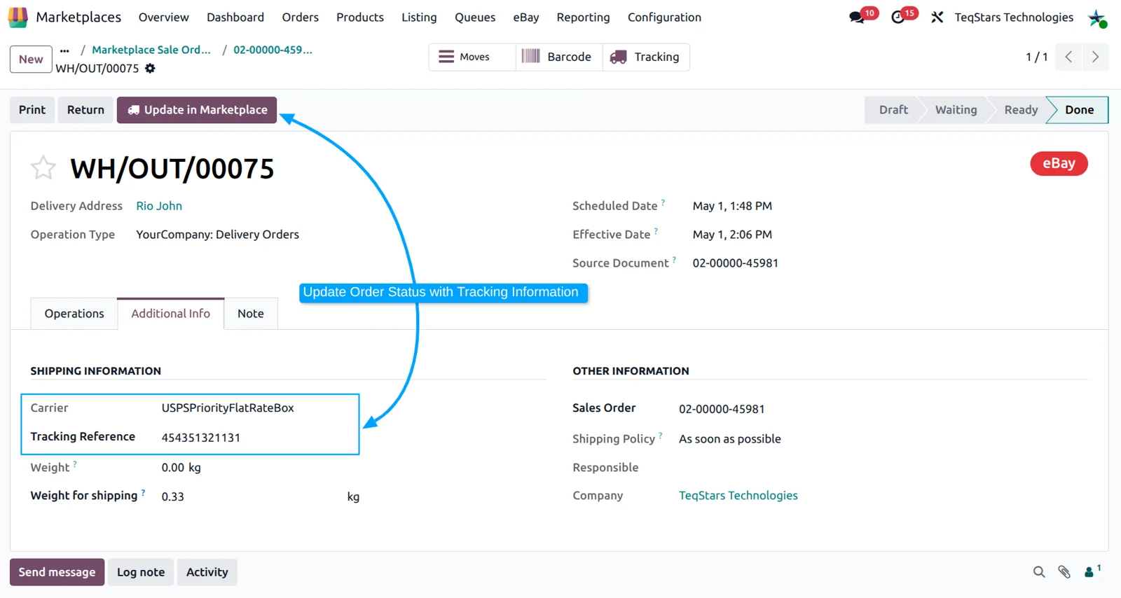 Odoo delivery order showing the eBay fulfillment status update with carrier and tracking number