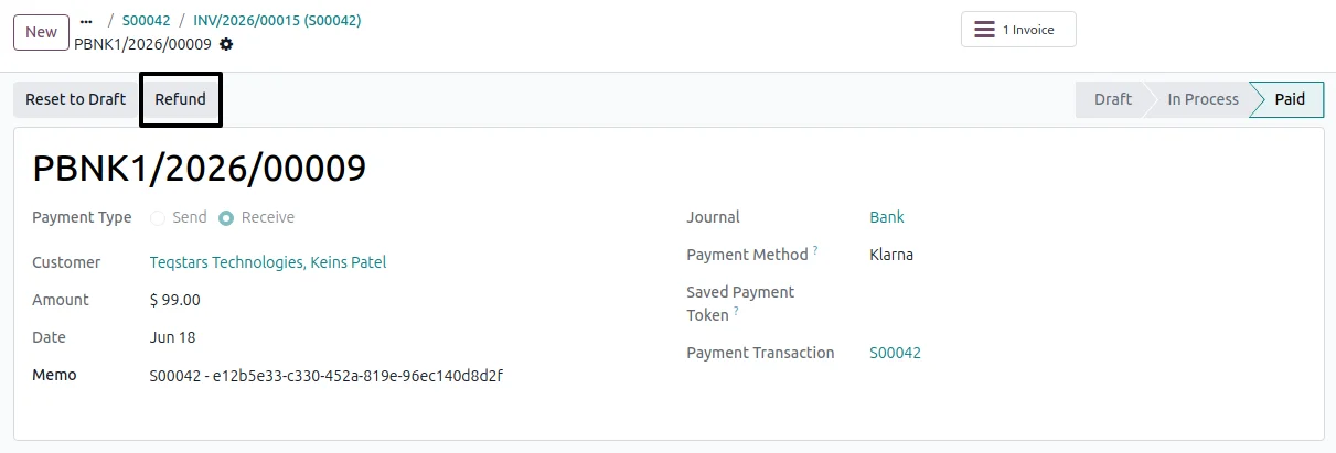 Refund action on an Odoo Klarna transaction for a full or partial amount