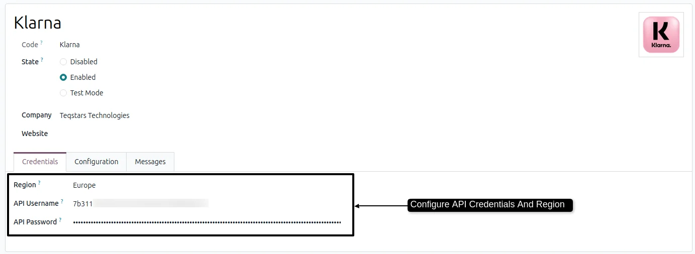 Klarna provider settings in Odoo with region, credentials and the manual capture option