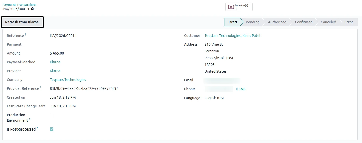 Refresh from Klarna button on an Odoo payment transaction pulling the latest status
