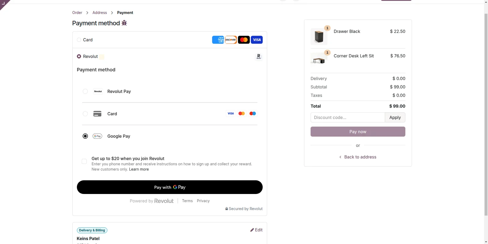 Odoo website checkout with the Revolut payment widget loading on the store page.