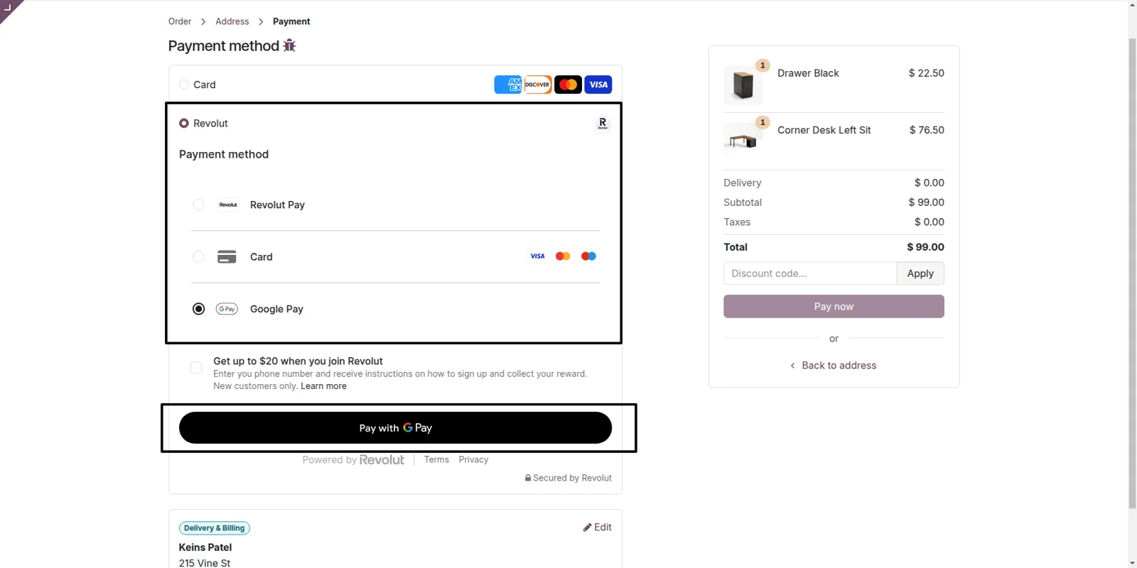 Revolut widget in Odoo checkout offering Revolut Pay, card payment and Google Pay.