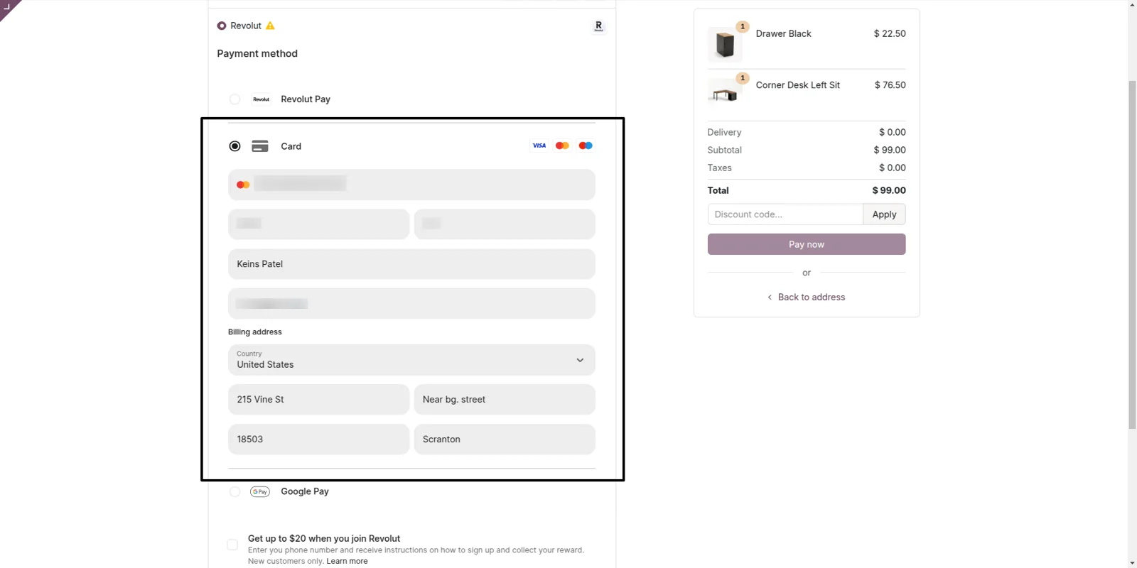 Secure Revolut card entry field inside the Odoo checkout page with 3D Secure 2.