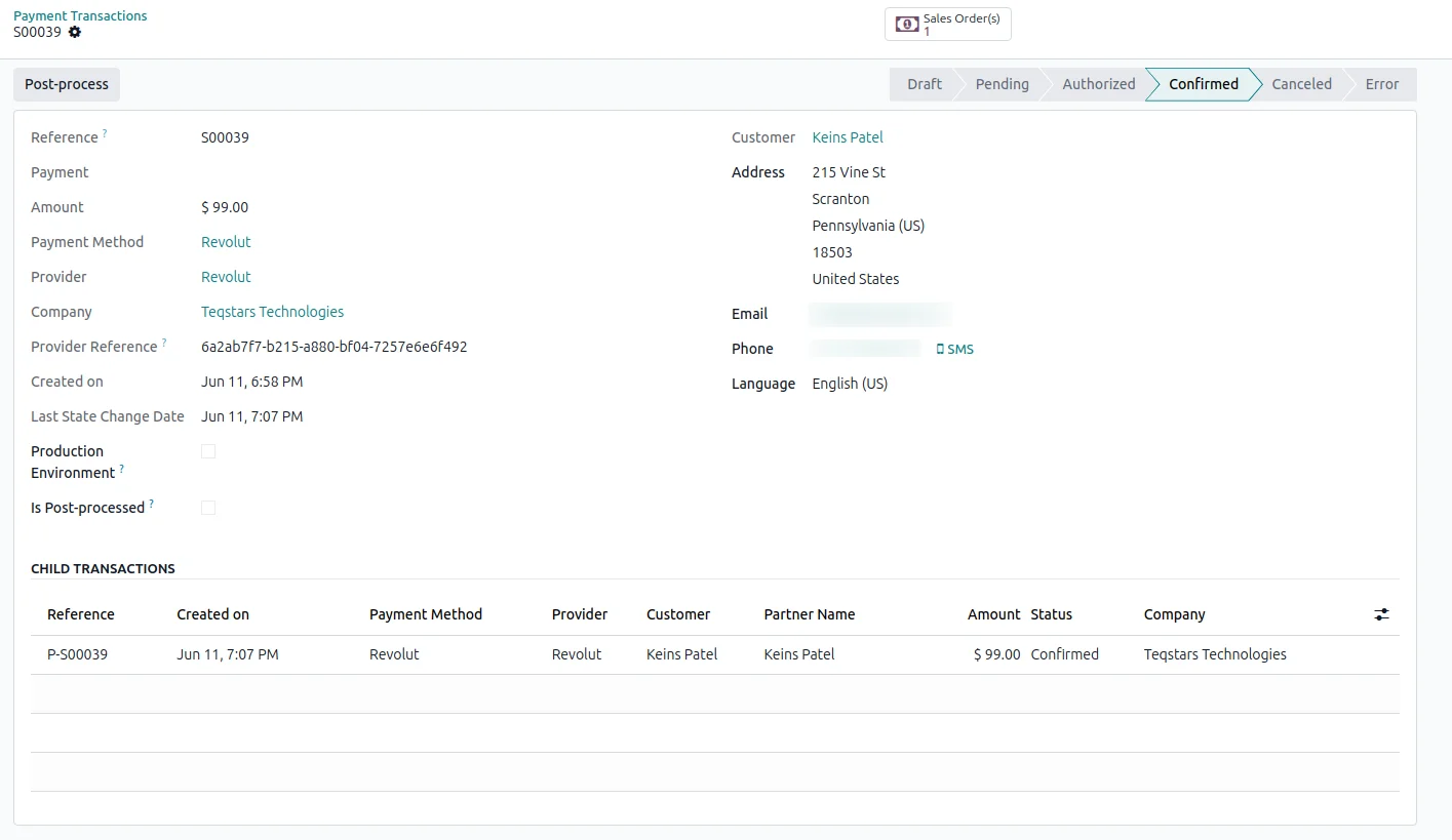 Odoo payment transaction form showing a completed Revolut payment in the Done state.