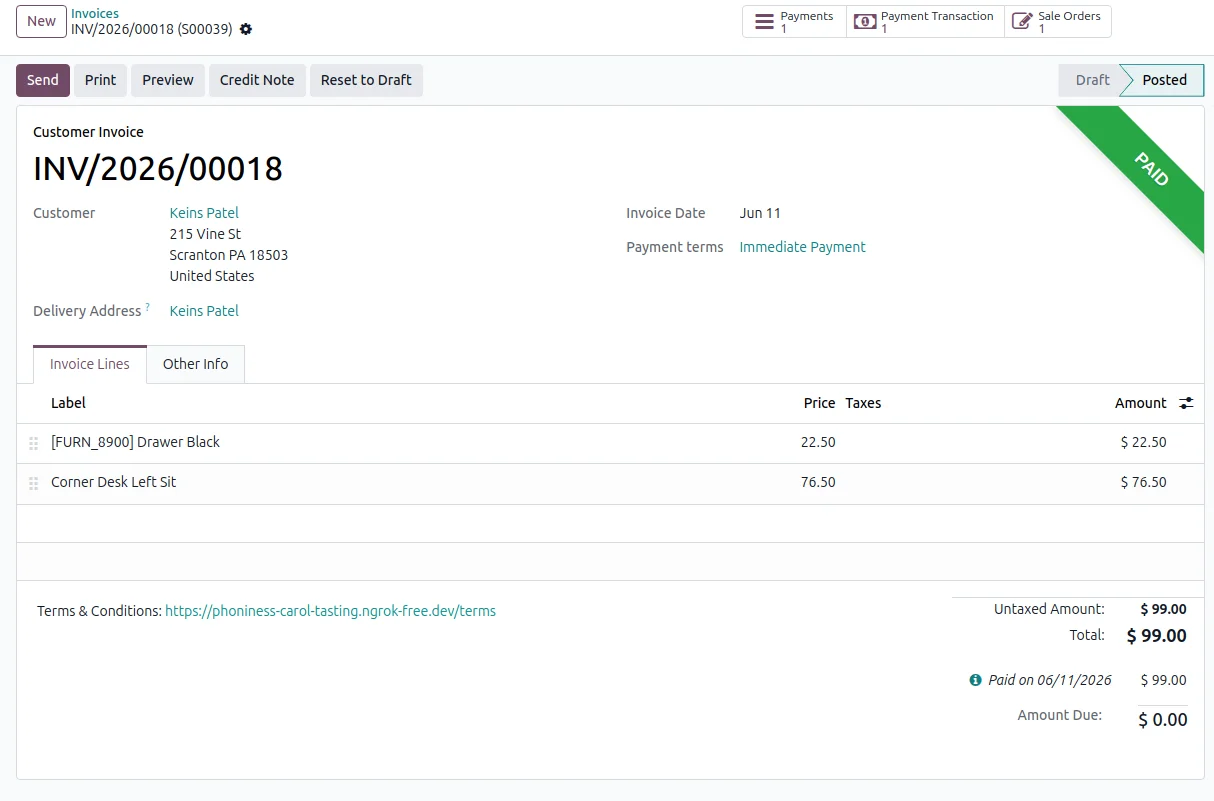 Customer invoice in Odoo reconciled and marked paid after a Revolut payment.