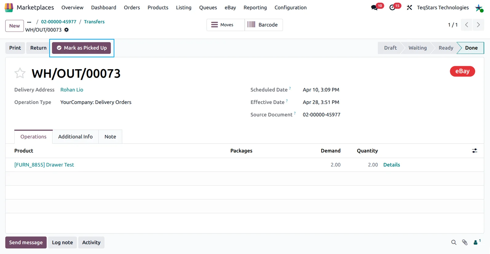 Odoo delivery order for an eBay in-store pickup order with the Mark as Picked Up button