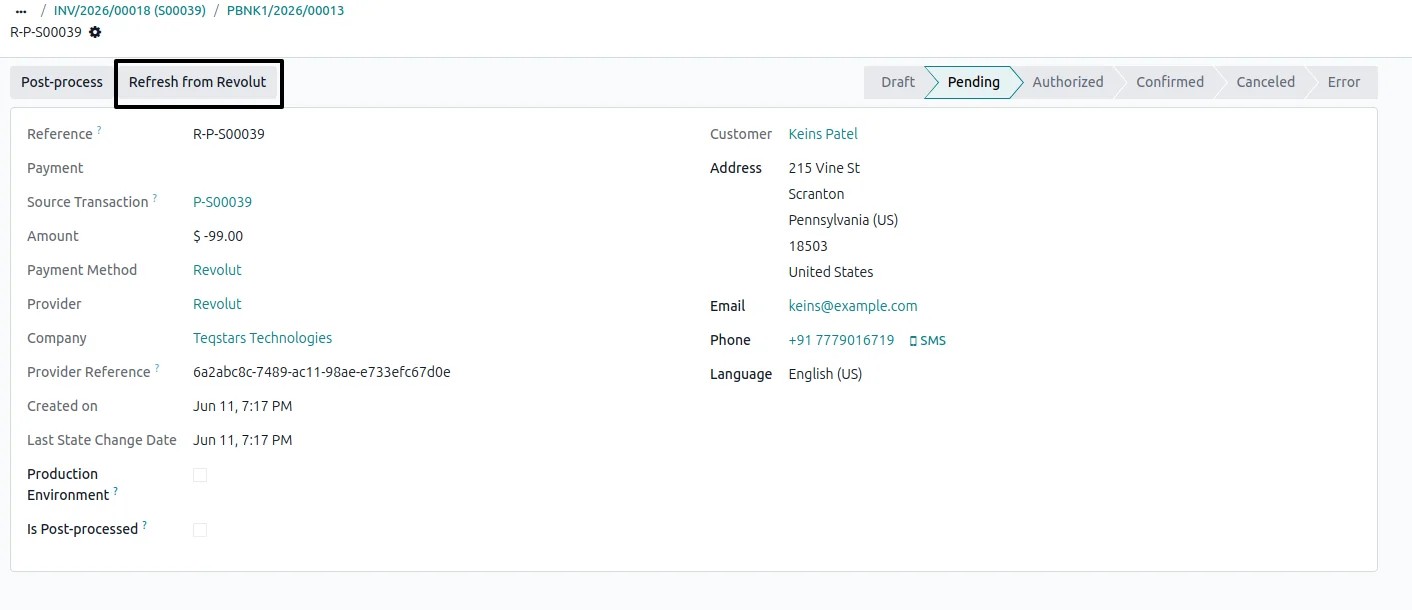 Refresh from Revolut button on an Odoo transaction pulling the latest payment status.