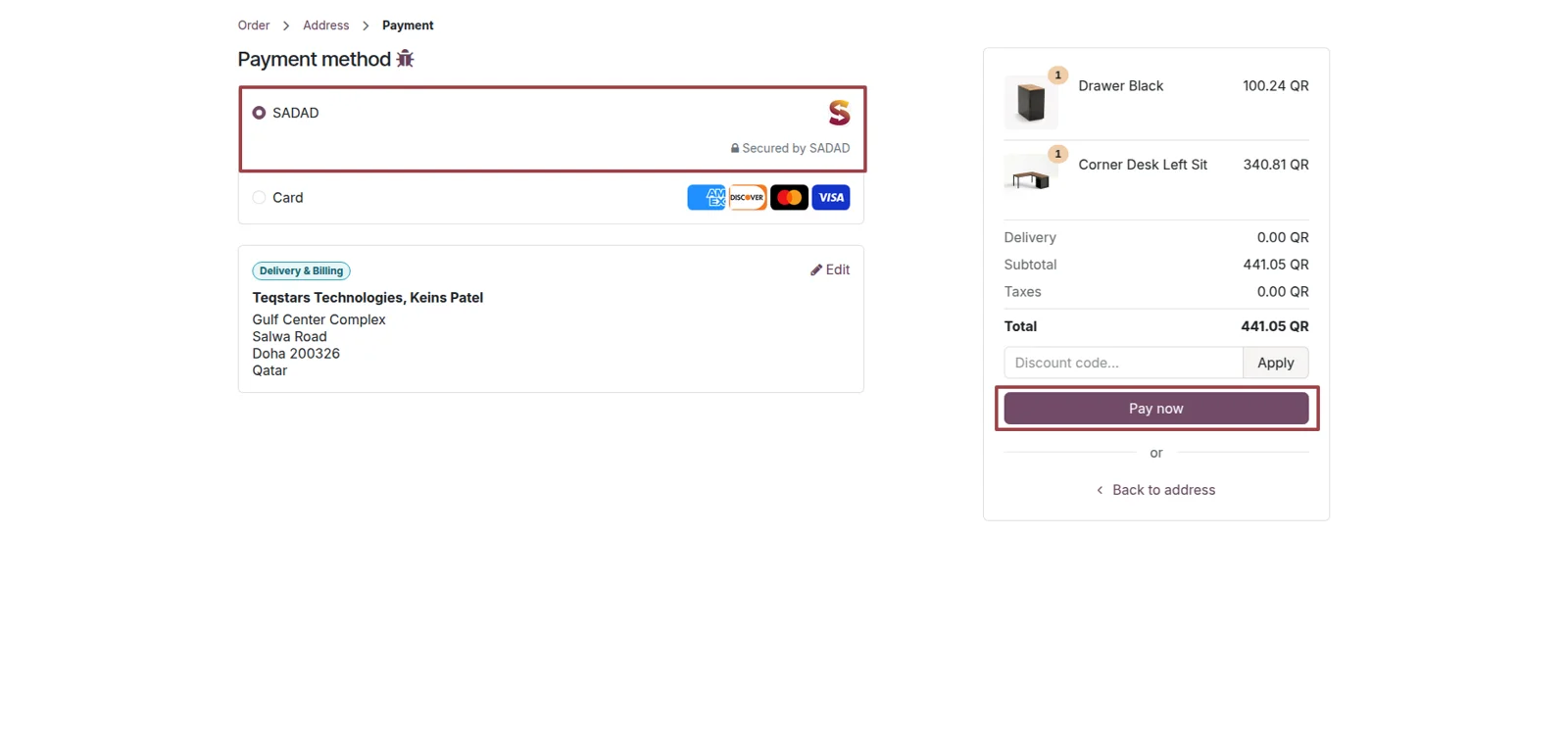 Odoo checkout payment screen with SADAD listed among the available payment options