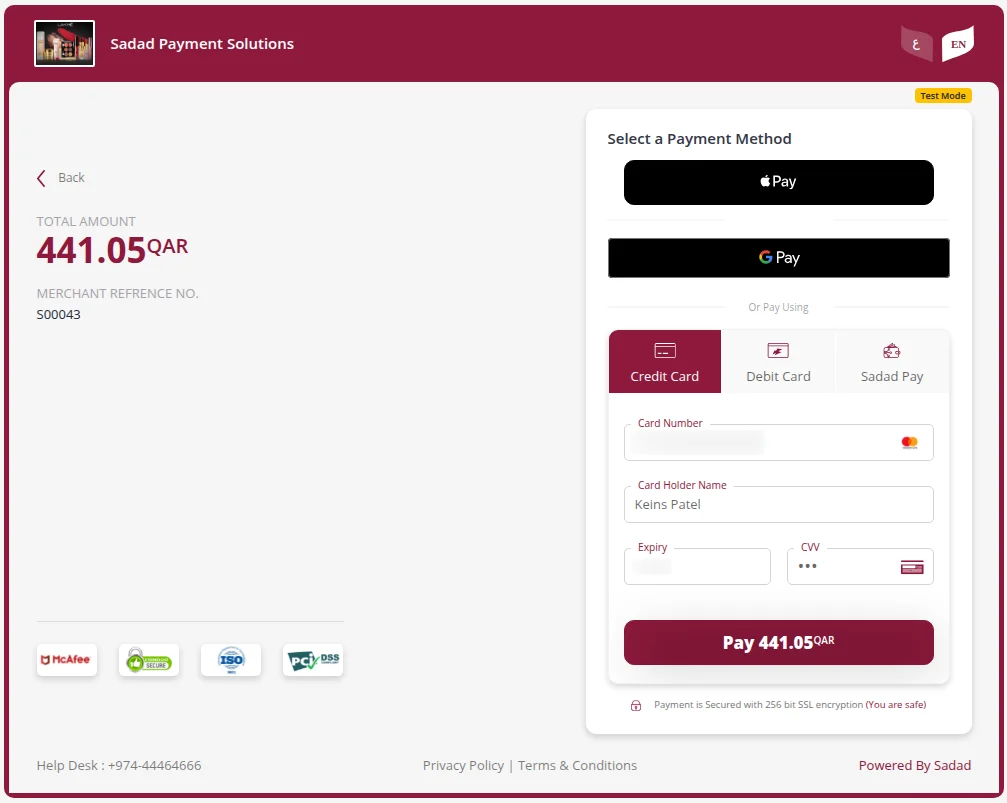 SADAD hosted payment page offering card, SADAD, Apple Pay and Google Pay to an Odoo customer