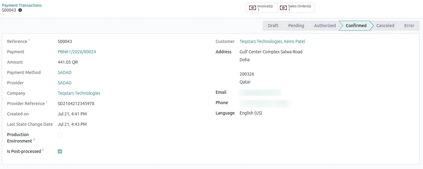 Odoo payment transaction record marked Done after SADAD confirmed the charge