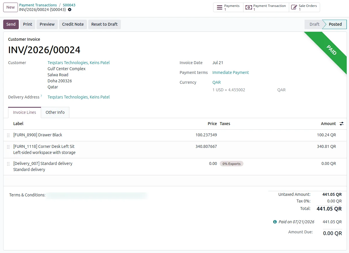 Customer invoice in Odoo marked paid and reconciled against the SADAD payment
