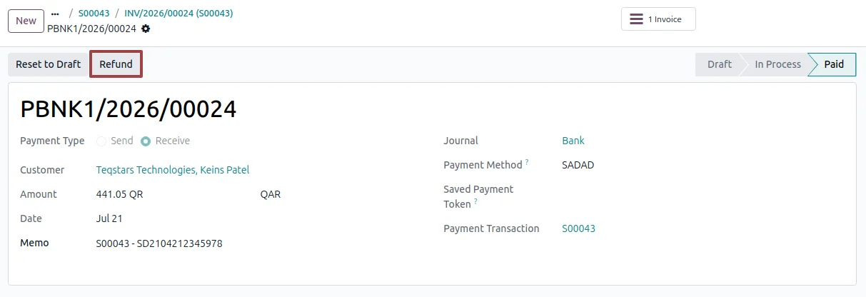Refund action on a SADAD payment record inside Odoo accounting