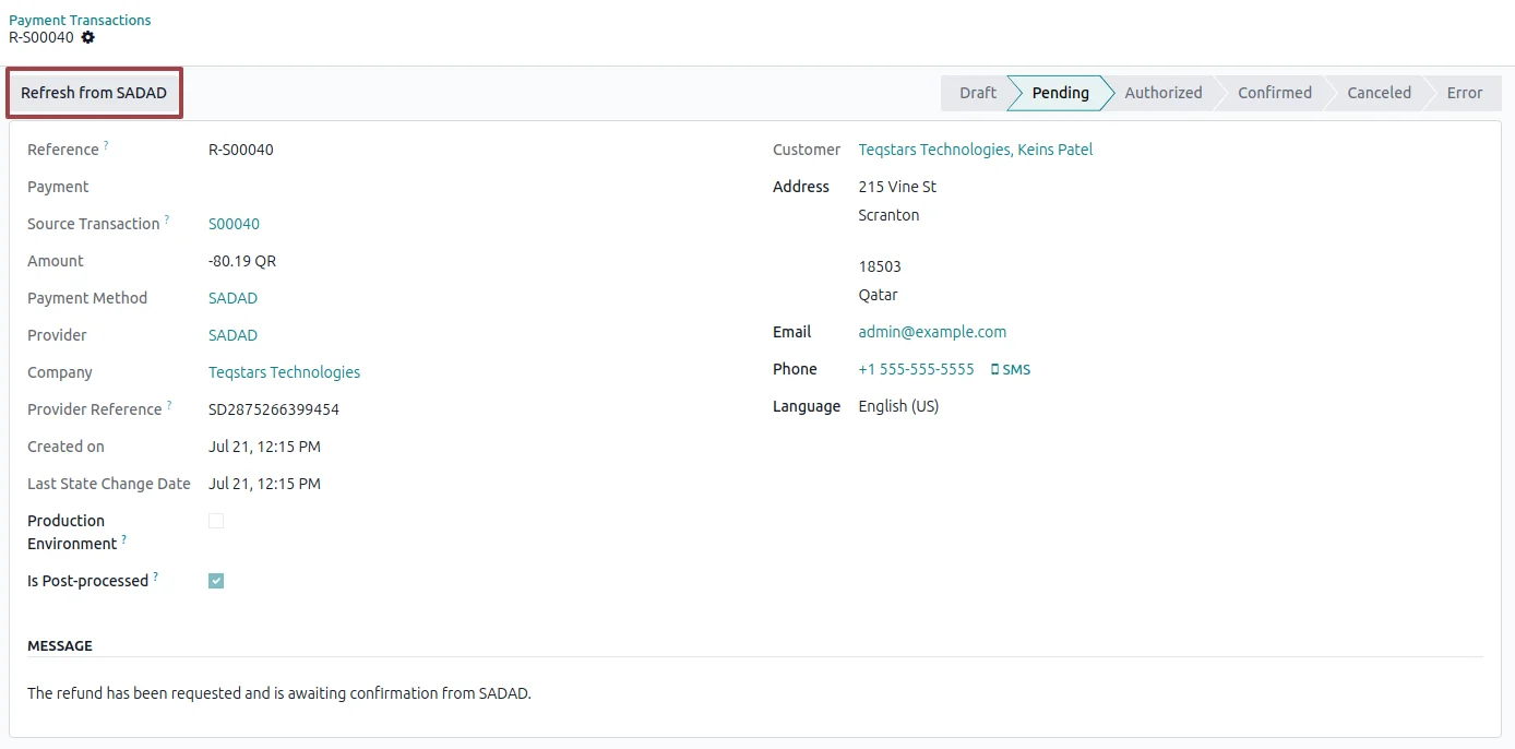 Refresh from SADAD button on an Odoo payment transaction showing the latest status
