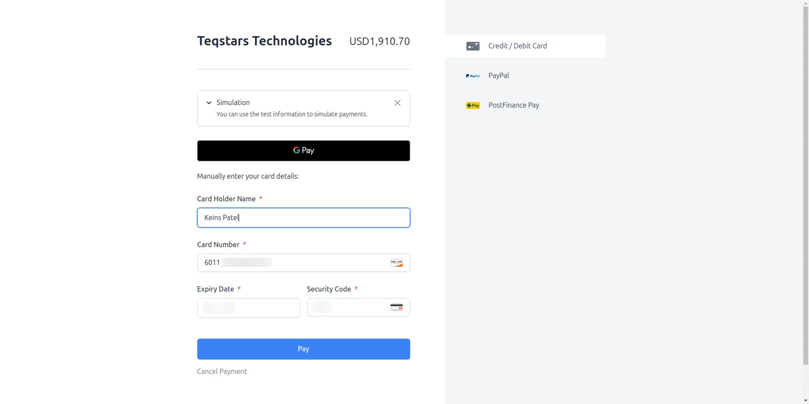 Wallee hosted payment page opened from Odoo checkout with card, wallet and local method choices