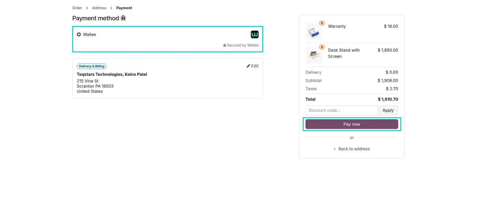 Odoo payment screen listing Wallee as a payment option for the customer to select