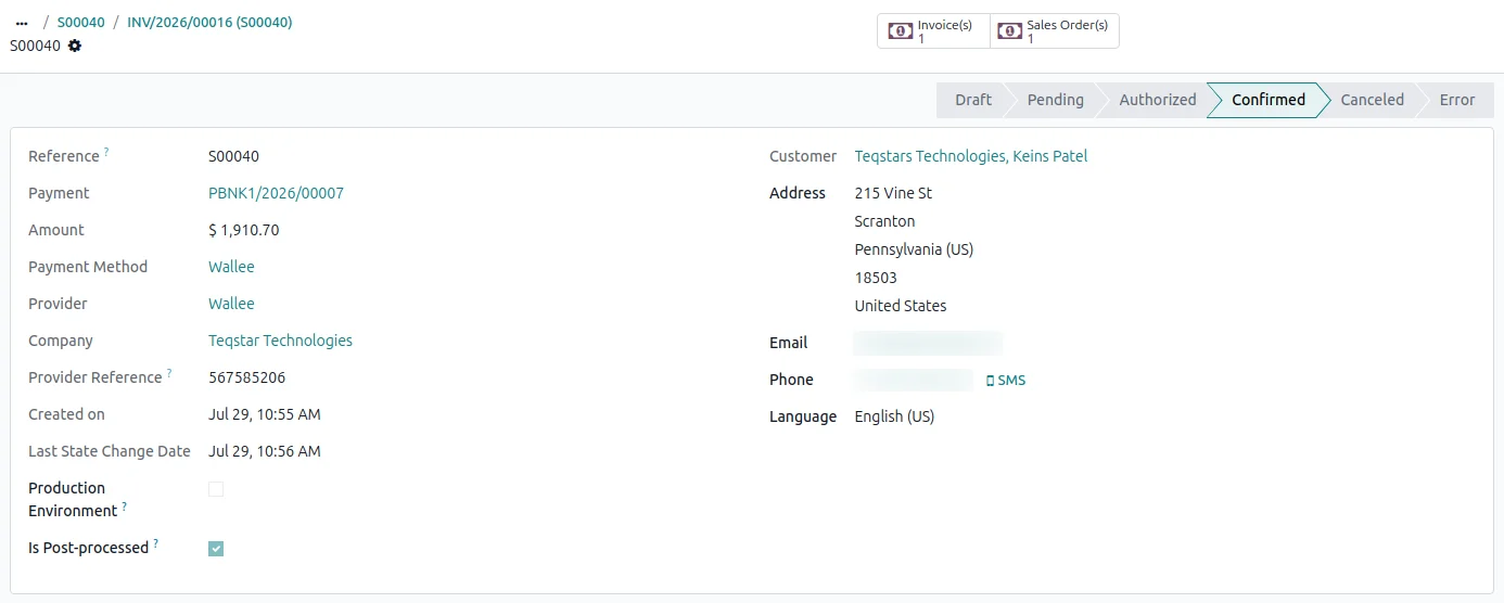 Odoo payment transaction marked Done after Wallee confirmed the charge