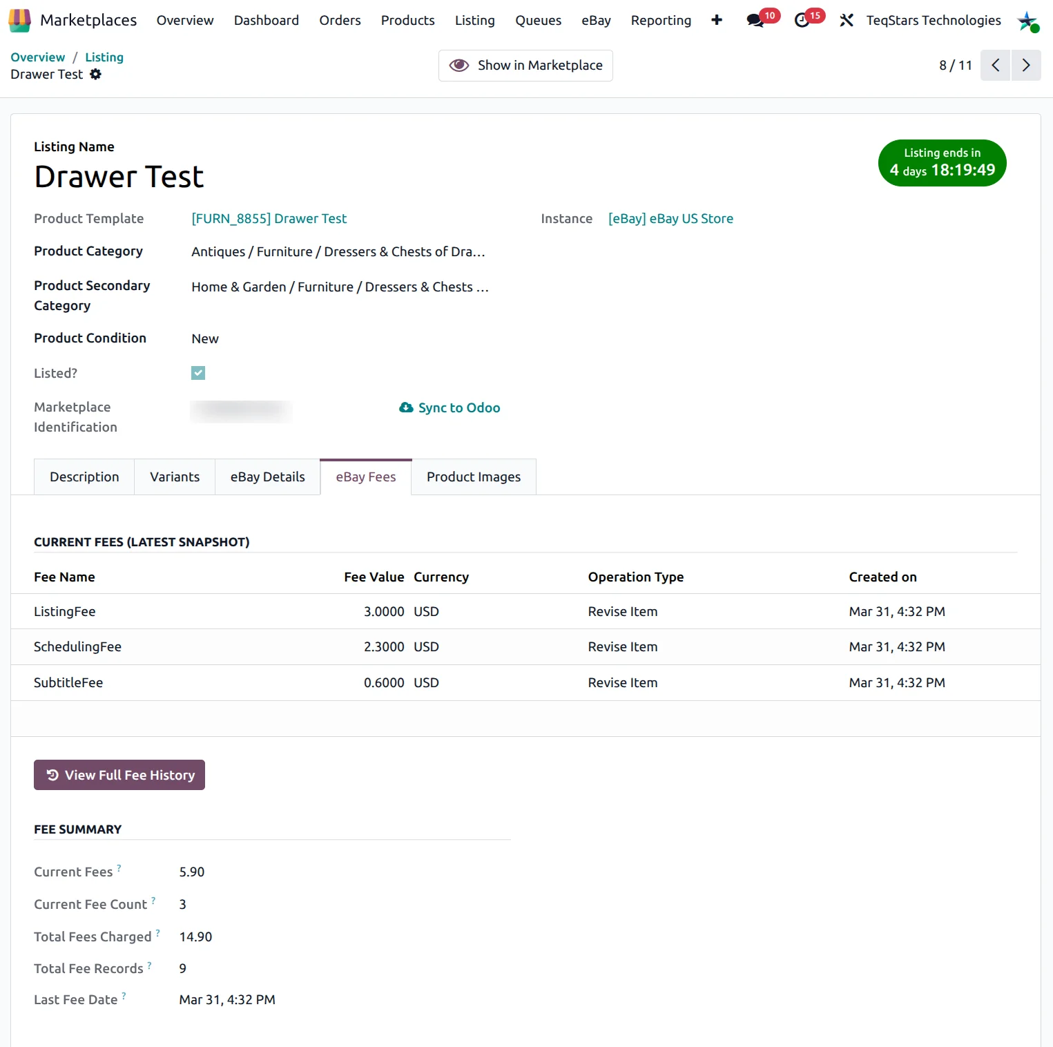 Odoo eBay Fees tab listing insertion and other eBay charges per listing operation with amounts