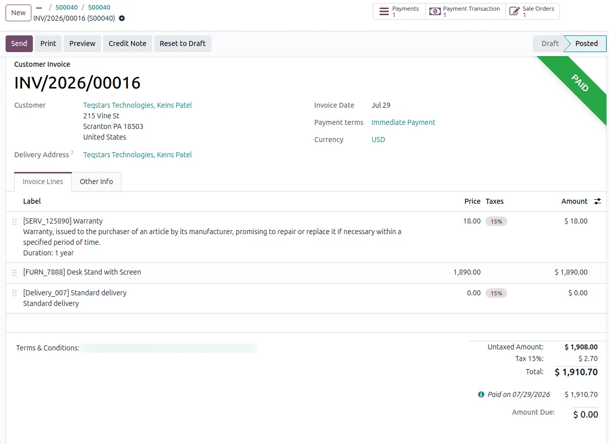 Odoo invoice reconciled and marked paid after a Wallee payment came through