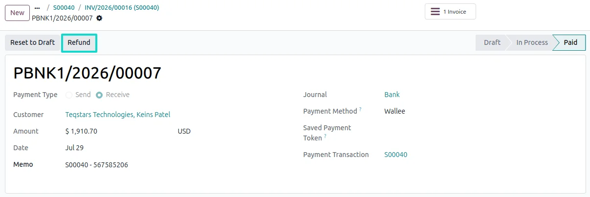Refund button on an Odoo Wallee payment for a full or partial amount